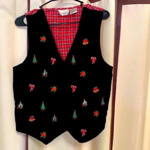 Ugly Christmas Vest Vtg Tacky Embroidered Velvet